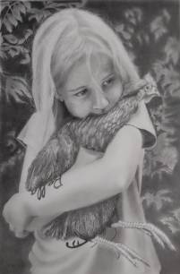 photorealism portrait of a girl with her pet a hen, realistisches Portrait eines M&auml;dchens mit ihrem Haustier einer Henne